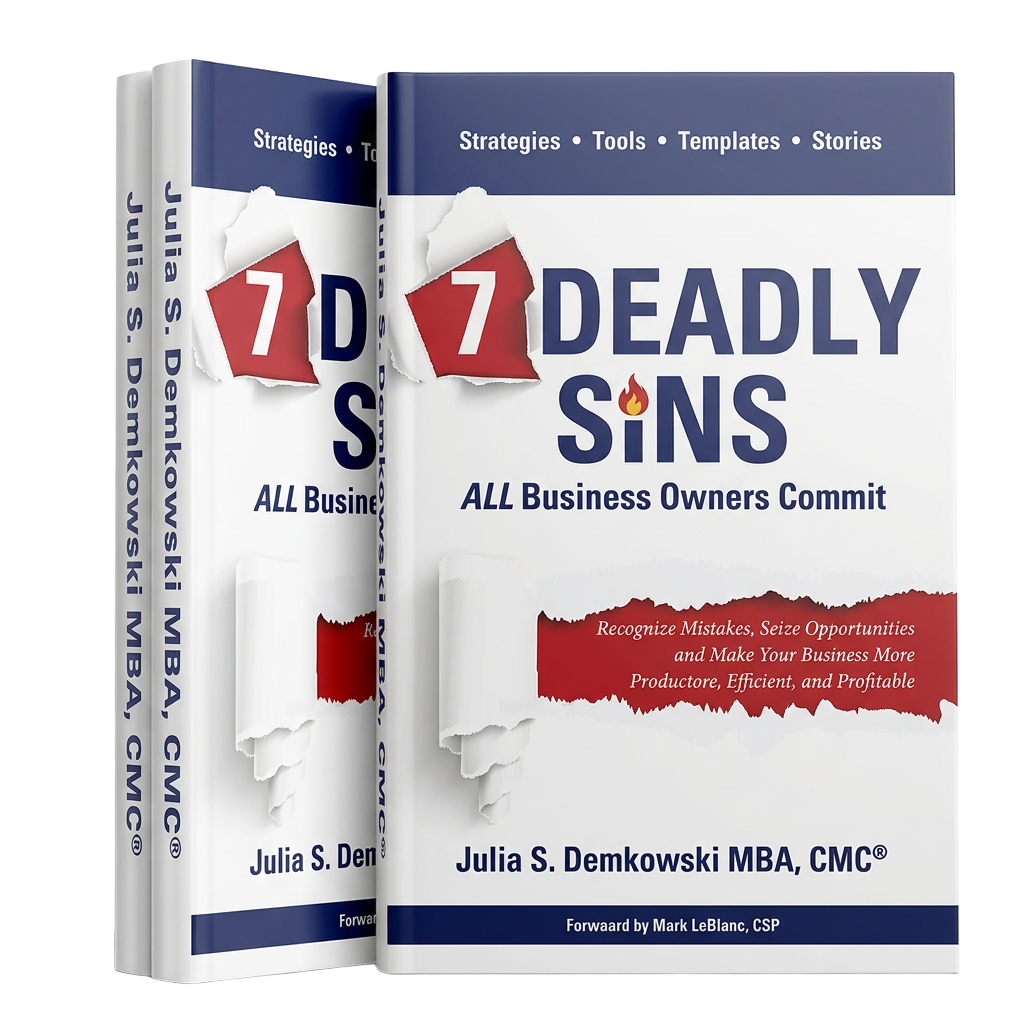 Julia S. Demkowski with her book, 7 Deadly Sins All Business Owners Commit